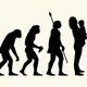 Silhouettes depicting a human evolving from an ape, with the image on the right being a woman holding a small child