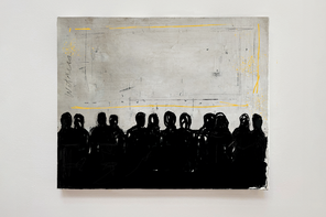 Photograph of a canvas painting with black silhouettes of people in the foreground and an abstract yellow rectangle in the background with the word "witness" handwritten at left.