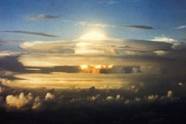 View of a cloud plume after the nuclear detonation codenamed Mike, Enewetak, Marshall Islands, November 1, 1952. The detonation, the first of two in 'Operation Ivy,' was also the first successful hydrogen bomb.