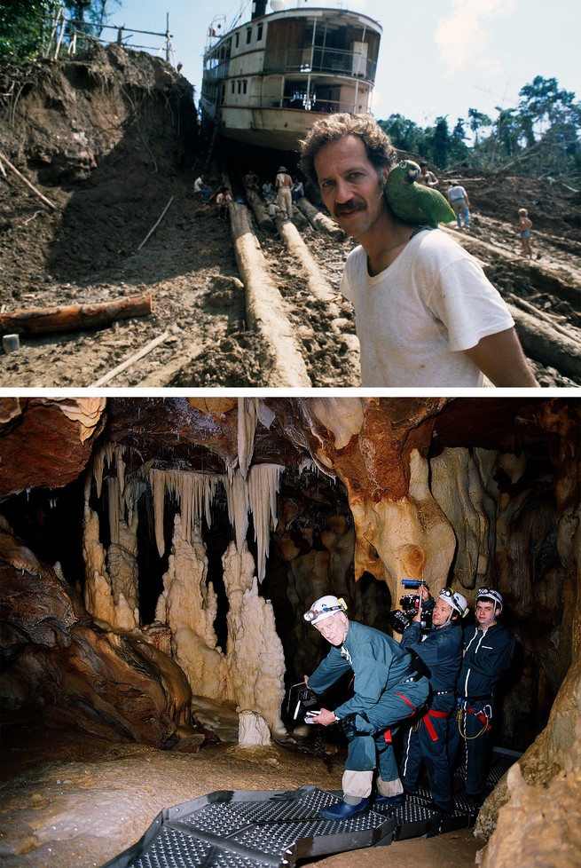 2 photos: Man with parrot on shoulder with large structure behind; 3 people in hardhats and jumpsuits filming in well-lit cavern