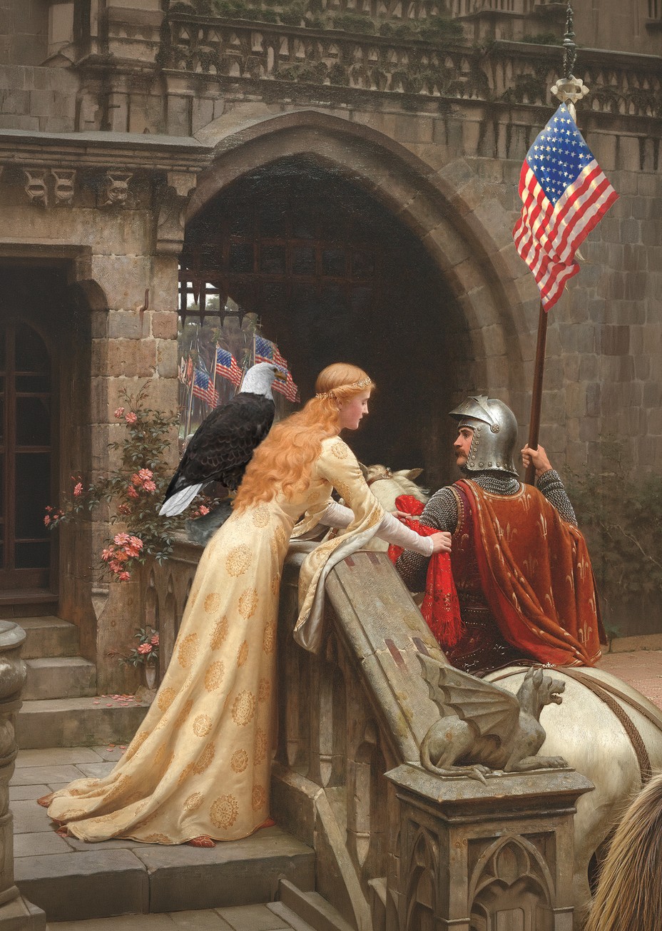 illustration based on Victorian oil painting 'God Speed' by Edmund Blair Leighton, with a medieval woman bidding farewell to a knight in armor carrying the U.S. flag on a lance, with bald eagle on balustrade and U.S. flags in distance