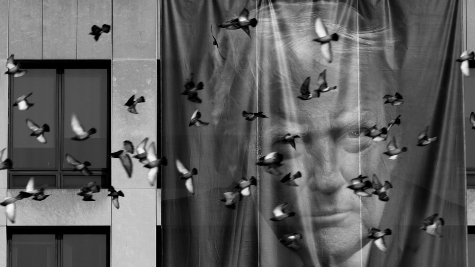 Black-and-white photograph of many birds flying in front of a building draped with a banner of Trump's face