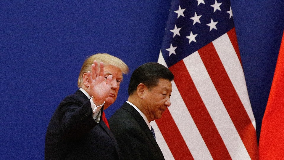 Donald Trump and Xi Jinping are positioned in front of an American flag.