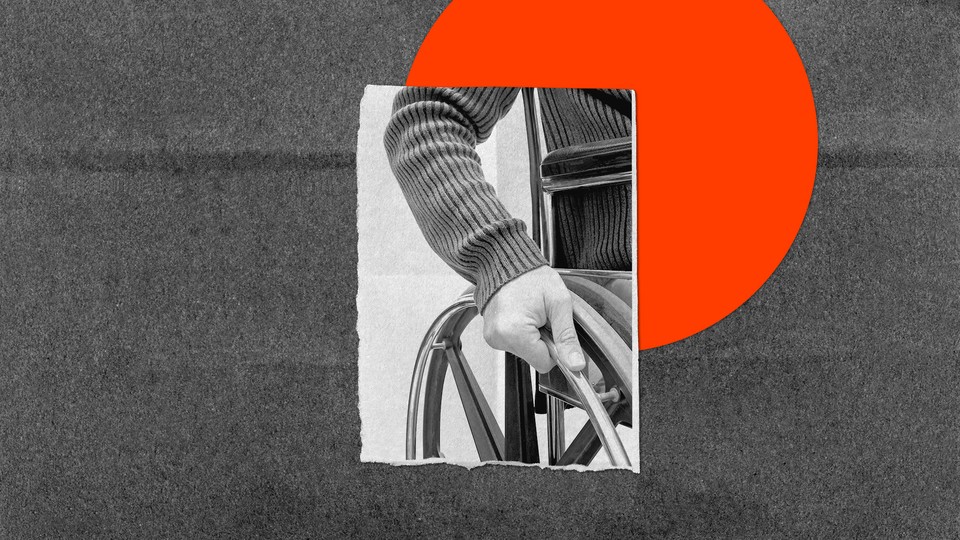 A photograph of a hand in black and white gripping the rim of a wheelchair, set against a gray background overlaid with a round orange circle reminiscent of a sun