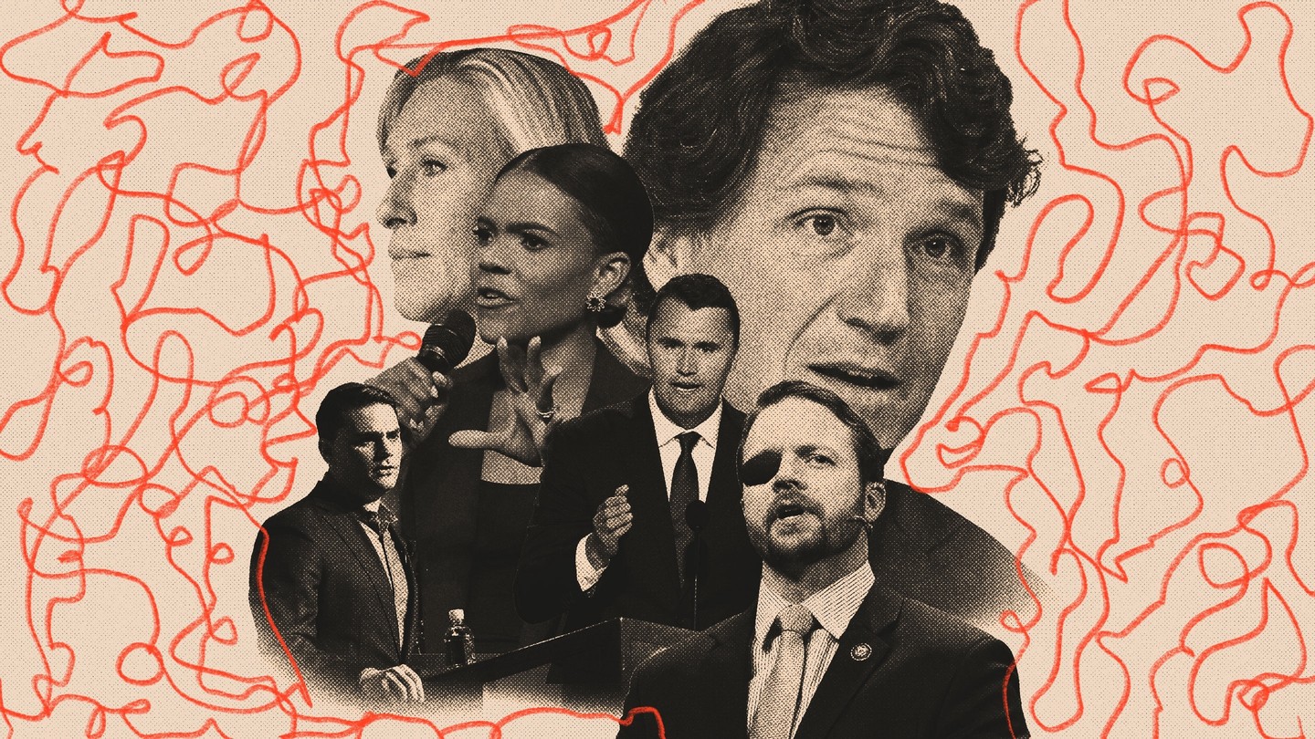 Graphic illustration showing black-and-white photos of prominent conservative politicians and pundits collaged together, surrounded by a squiggly red pencil line