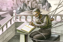 intricate illustration of seated man with glasses gagged and bound with ropes writing a book on a balcony overlooking coastal cityscape with Hagia Sophia–like mosque and shoreline