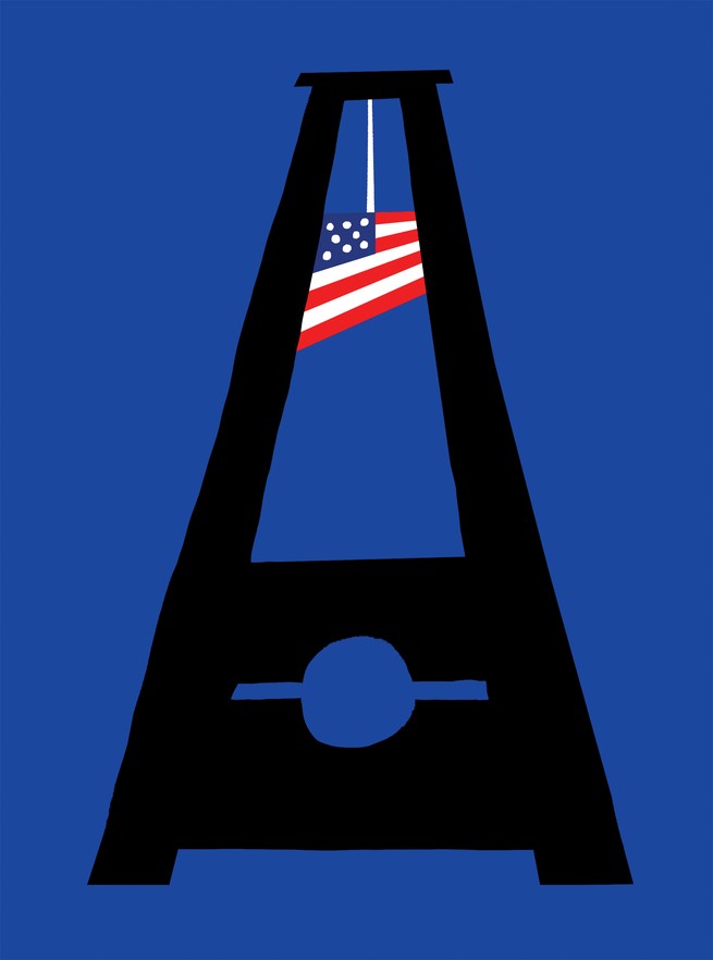 Illustration of black guillotine with American flag as blade on blue background