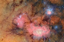 The Trifid nebula (top right) and the Lagoon nebula,