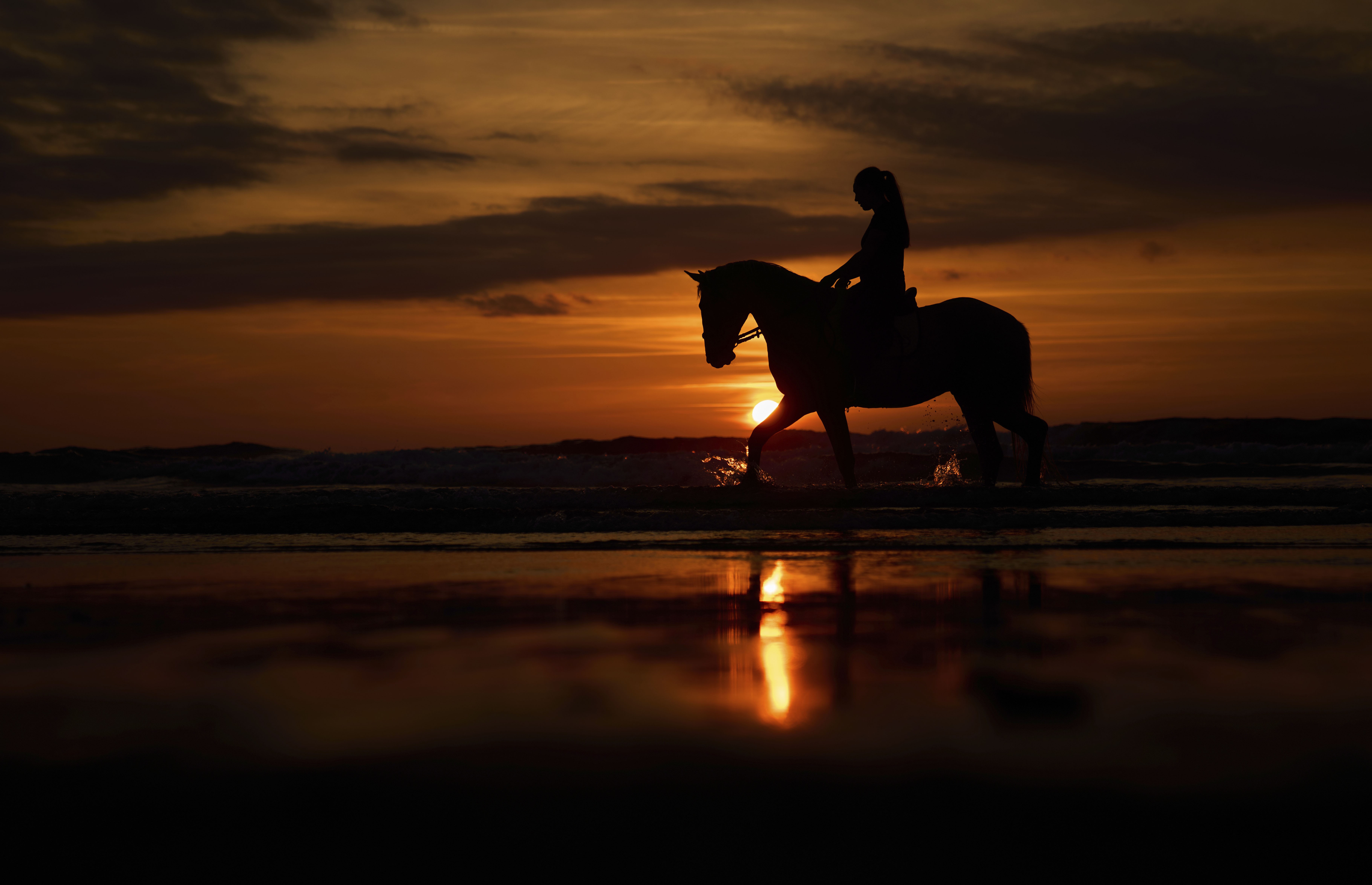 A woman rides a horse at sunset.