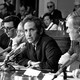 A black and white photograph of Daniel Ellsberg speaking to an unofficial House panel investigating the significance of the war documents on July 28, 1971.