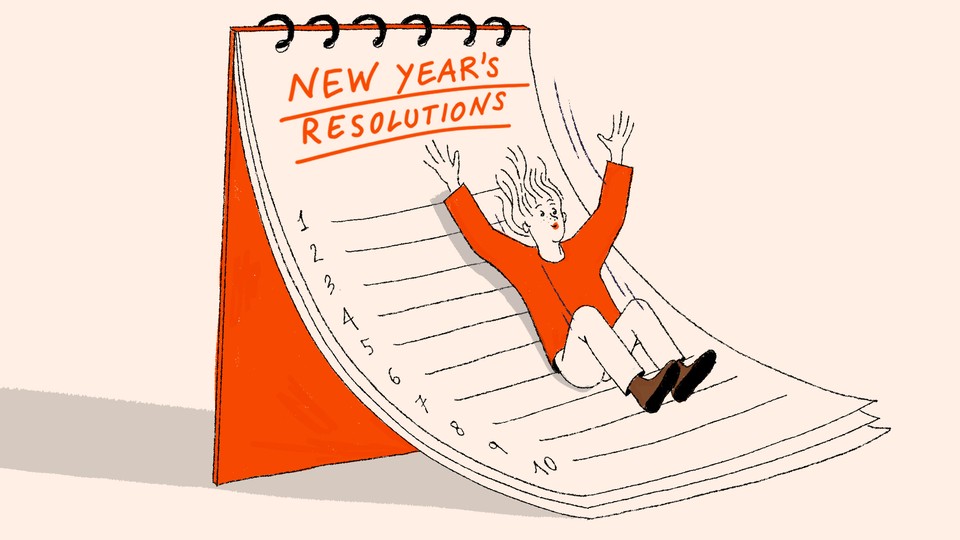 Illustration of a person sliding down a giant pad of paper with New Year's resolutions listed on it