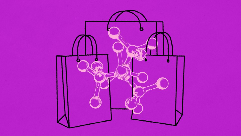 A purple illustration of shopping bags with molecules over them