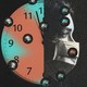 A masked face next to a clock, surrounded by coronaviruses