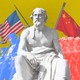 Artwork depicting a statue of Thucydides, flanked by an American army on one side and by a Chinese army on the other.