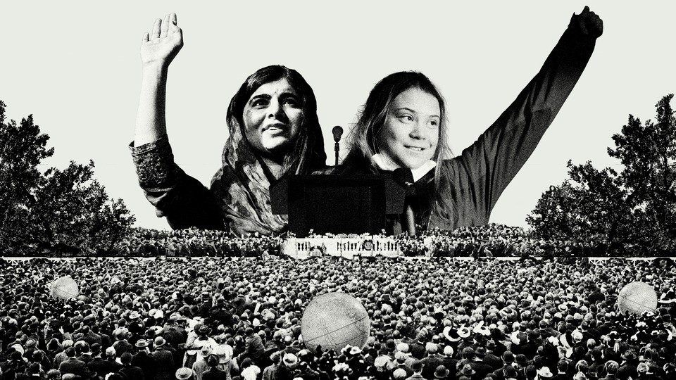 Greta Thunberg and Malala Yousafzai in front of a crowd