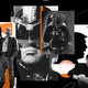 Collage of black and white photos of Elon Musk, a standing Walter White, Judge Dredd frowning with his helmet on, a postal stamp stylized with Darth Vader’s helmet, the silhouette of Donald Trump, and Tony Soprano.