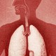 A sillouhette of a person in red, with lungs and esophogus, hiccups