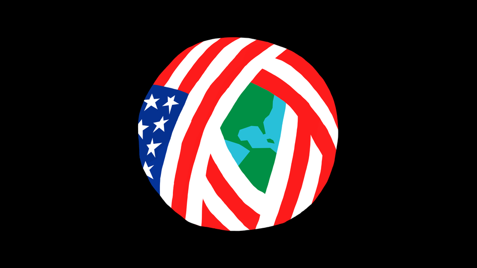 An illustration of the globe wrapped in an American flag