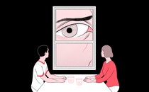 An illustration of a couple sitting at a table with a mother's eye peeking through a window.