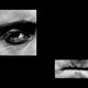 Black-and-white photographs of an eye and pursed lips cropped on a black background
