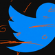 The twitter logo on a black background with red scribbles