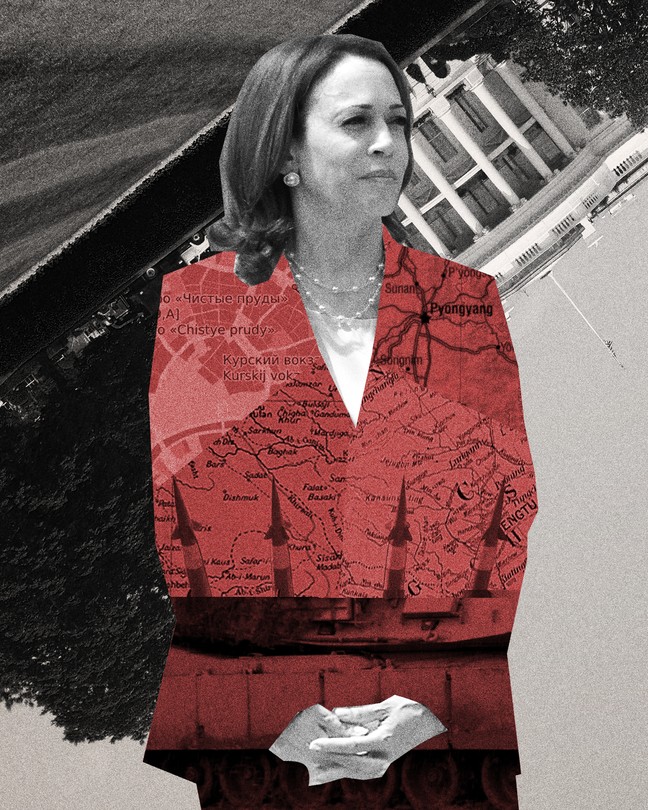 A collage showing Kamala Harris with a tilted White House and maps of China, Russia, Iran, and North Korea