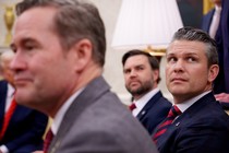 A photo of Mike Waltz, JD Vance, and Pete Hegseth in the Oval Office