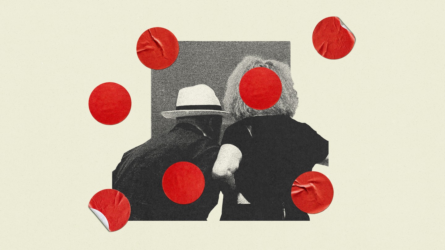 Red dot stickers scattered across a photo-illustration of a couple looking at art on a wall