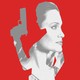 a photo of angelina jolie set within a silhouette of her as lara croft, against a red background