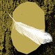 Bird feathers falling over an image of a tree trunk with a hole in the center