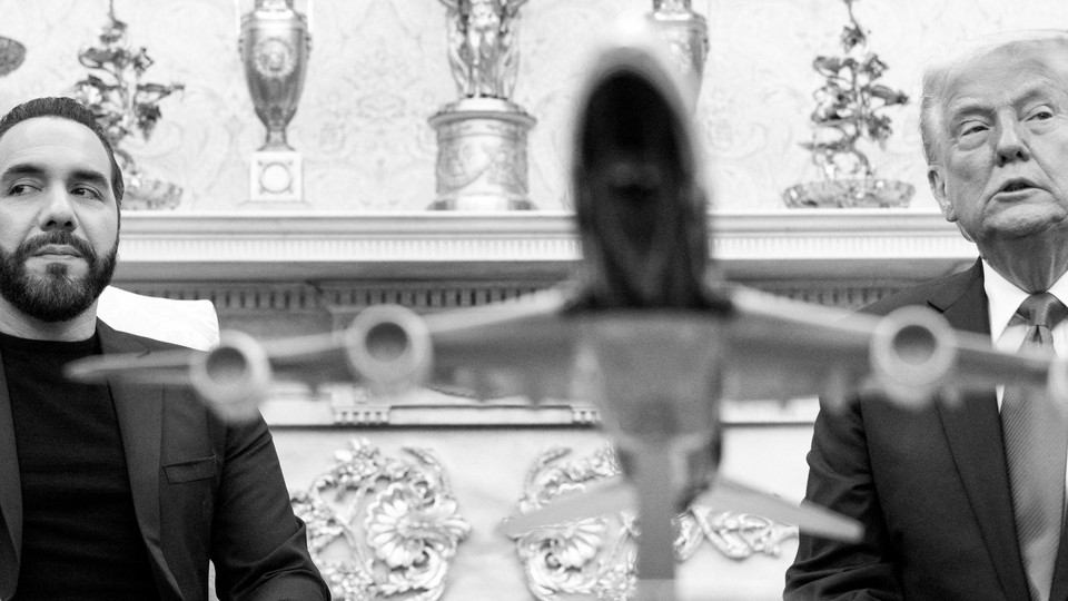 A black-and-white photo of President Donald Trump and Salvadoran President Nayib Bukele meeting in the oval office.