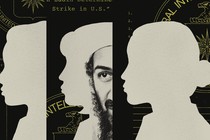 An illustration featuring Osama bin Laden, the CIA crest, and silhouettes of female figures