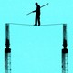 A photo illustration of a man with a stick walking a tightrope between two syringes
