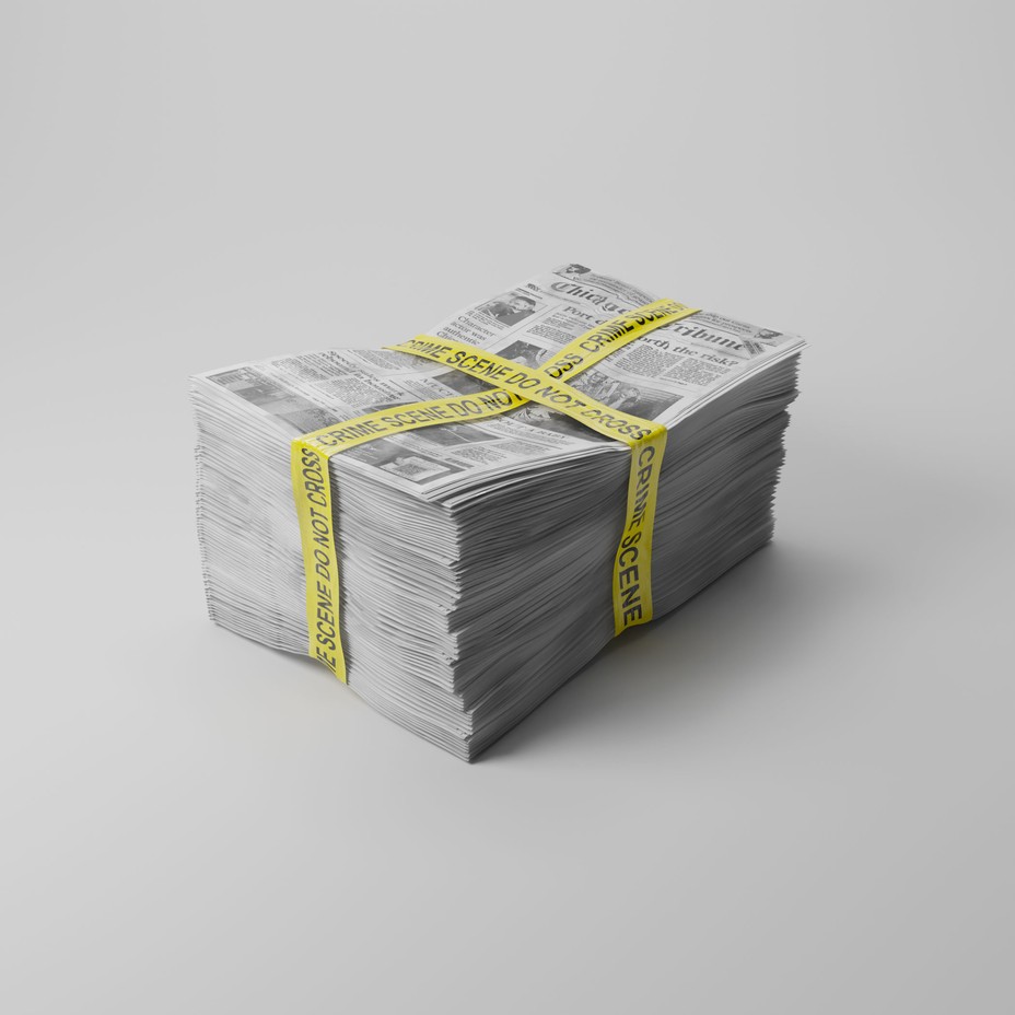 A stack of Chicago Tribune newspapers, tied together as a bundle with yellow police tape that has black text "Crime Scene Do Not Cross"