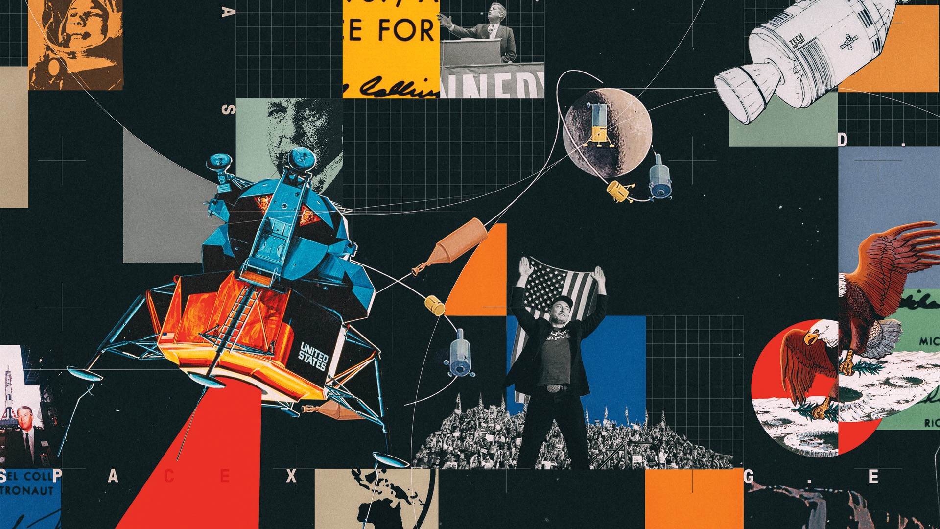 illustration collage containing rockets, satellite, elon musk, bald eagle, etc