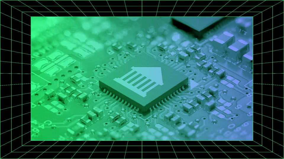 Illustration of a microchip with a government building inscribed