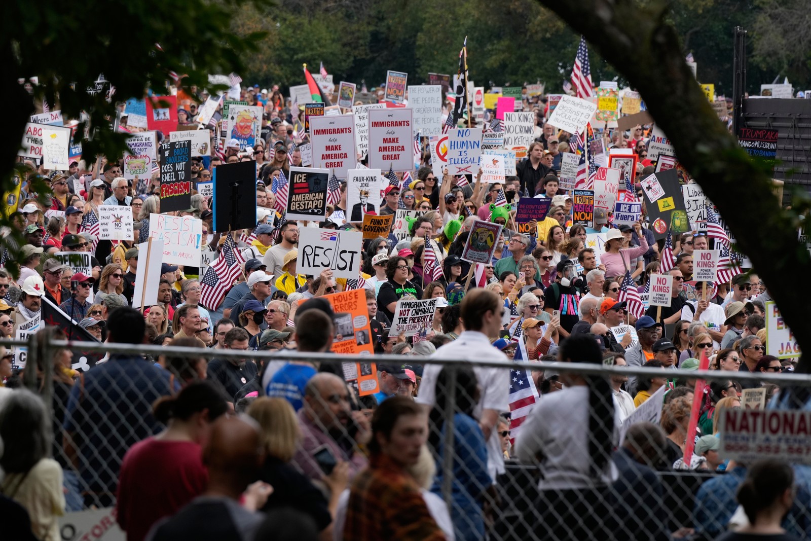 A large group of protesters hold signs in a Chicago park.