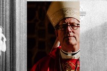A photo-illustration in which Bishop Robert Barron overlays Archbishop Fulton Sheen
