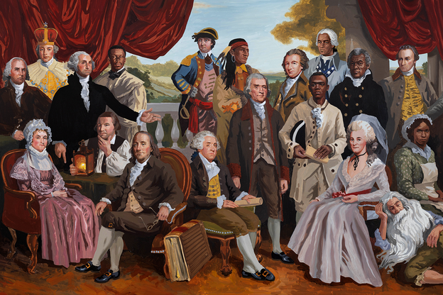 detail from oil painting tableau of figures from the American Revolution and early-American society
