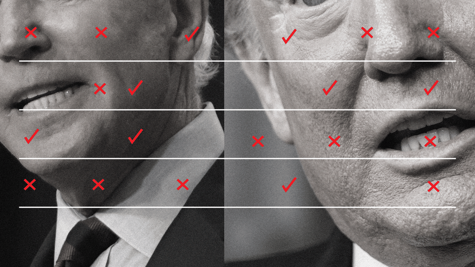 An illustration of Trump and Biden with X's and check marks