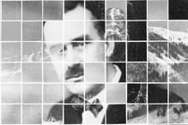 A grid of white lines over squares of two interlaced black-and-white photos, a portrait of Thomas Mann and a picture of a snowy mountain slope