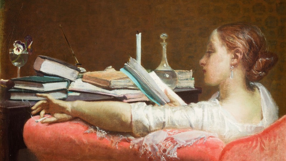 A painting of a woman holding a cigarette reading a book in front of a pile of books