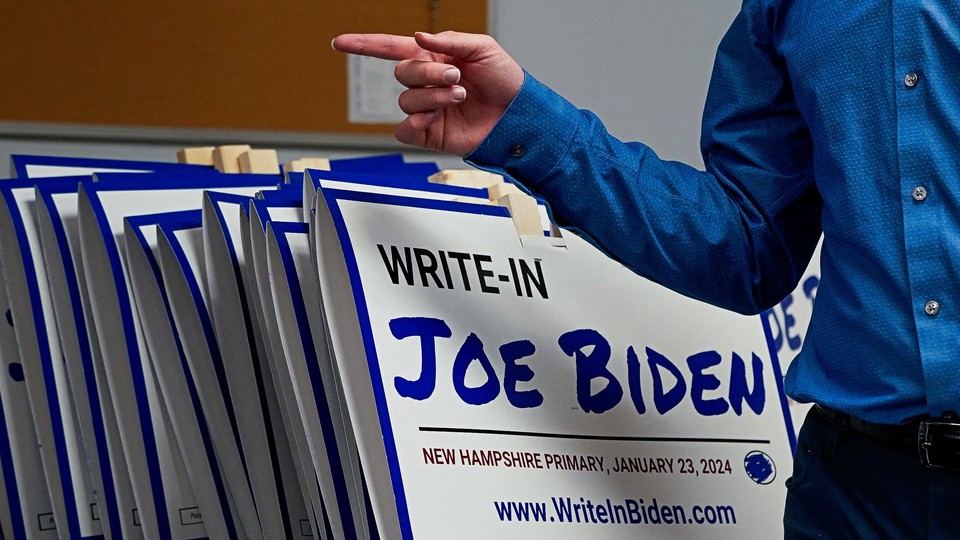 A photo of a sign that reads: "Write-in Joe Biden"