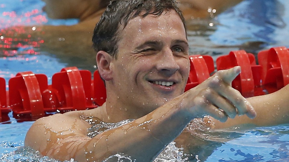 United States' Ryan Lochte reacts after finishing first in the men's 400-meter individual medley swimming final at the Aquatics Centre in the Olympic Park