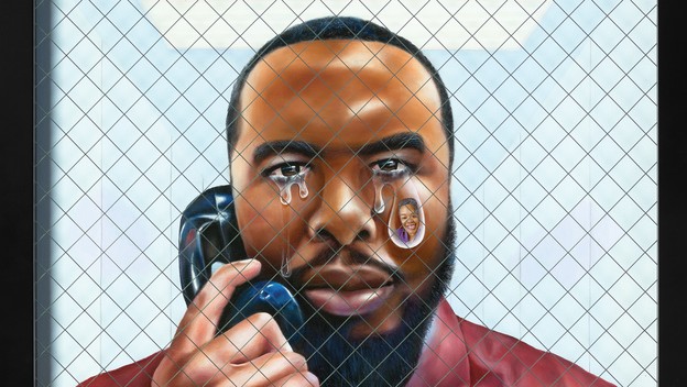 painting of handcuffed man behind prison glass wearing maroon collared shirt holding black phone receiver with silver cord to his ear, with large tears on his face including one with a portrait of a smiling woman inside