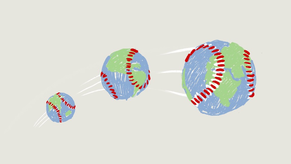 An illustration of a baseball that looks like planet Earth moving left to right in an arch
