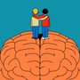 An illustration of two friends with hands around each other's shoulders, standing atop a giant brain.