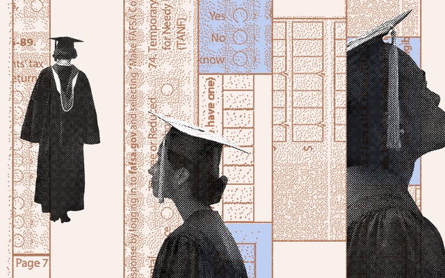 Students in caps and gowns with a FAFSA form in the background