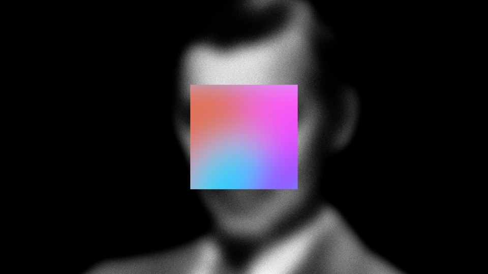 A square gradient from blue to orange, purple, and pink on top of the blurred black-and-white  picture of a face