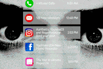 Animation of alerts scrolling up the screen, between close-up photograph of someone's eyes